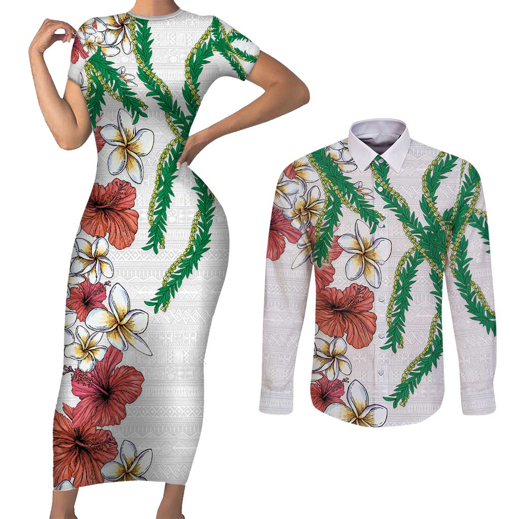 Hawaiian Tropical Flowers and Maile Pikake Couples Matching Short Sleeve Bodycon Dress and Long Sleeve Button Shirt Polynesian Tribal Pattern White Color