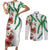 Hawaiian Tropical Flowers and Maile Pikake Couples Matching Short Sleeve Bodycon Dress and Long Sleeve Button Shirt Polynesian Tribal Pattern White Color