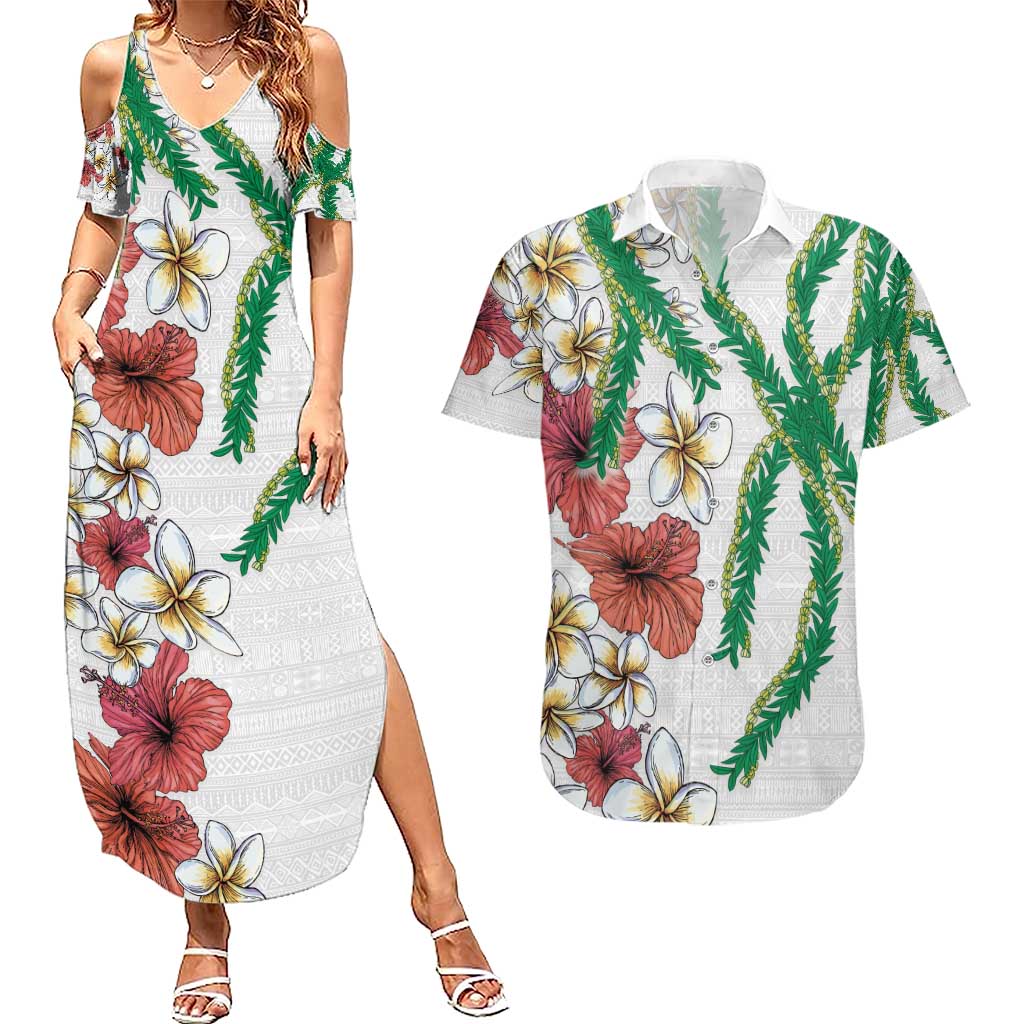 Hawaiian Tropical Flowers and Maile Pikake Couples Matching Summer Maxi Dress and Hawaiian Shirt Polynesian Tribal Pattern White Color