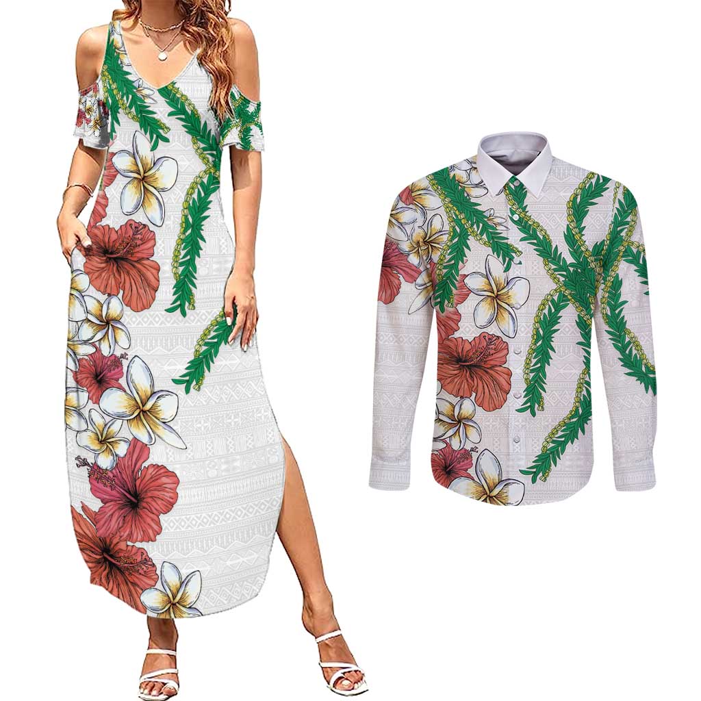 Hawaiian Tropical Flowers and Maile Pikake Couples Matching Summer Maxi Dress and Long Sleeve Button Shirt Polynesian Tribal Pattern White Color LT03 White - Polynesian Pride