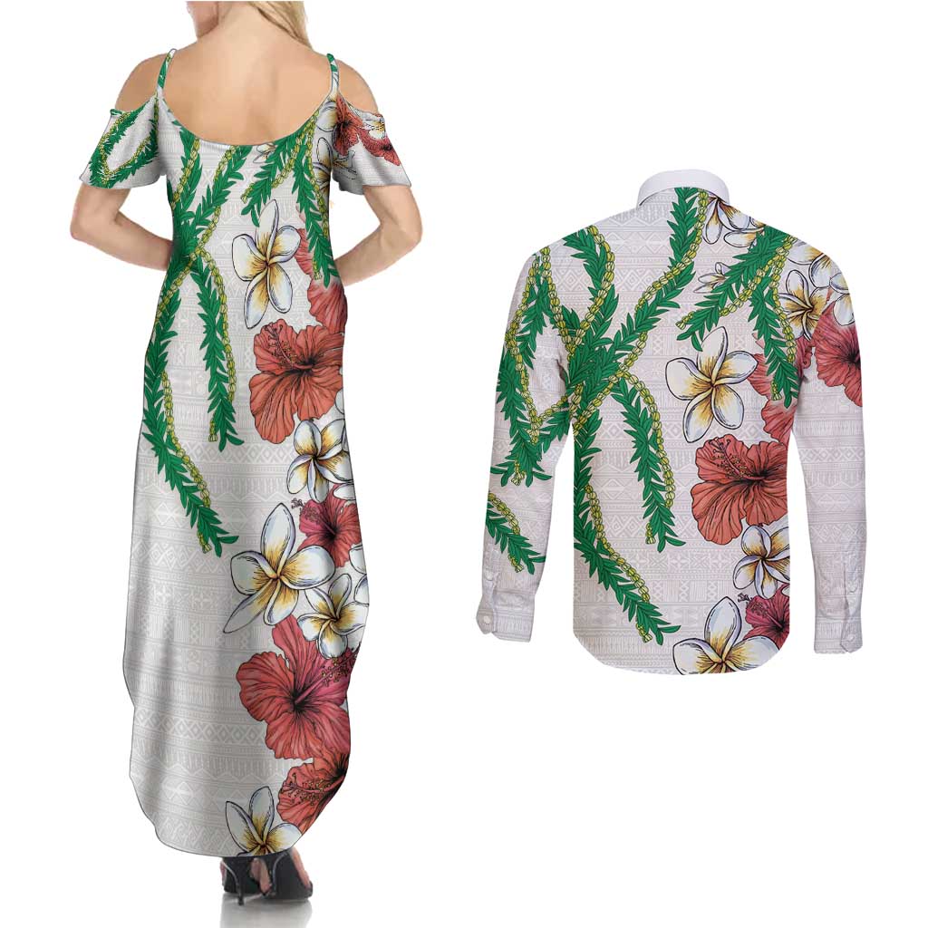 Hawaiian Tropical Flowers and Maile Pikake Couples Matching Summer Maxi Dress and Long Sleeve Button Shirt Polynesian Tribal Pattern White Color LT03 - Polynesian Pride
