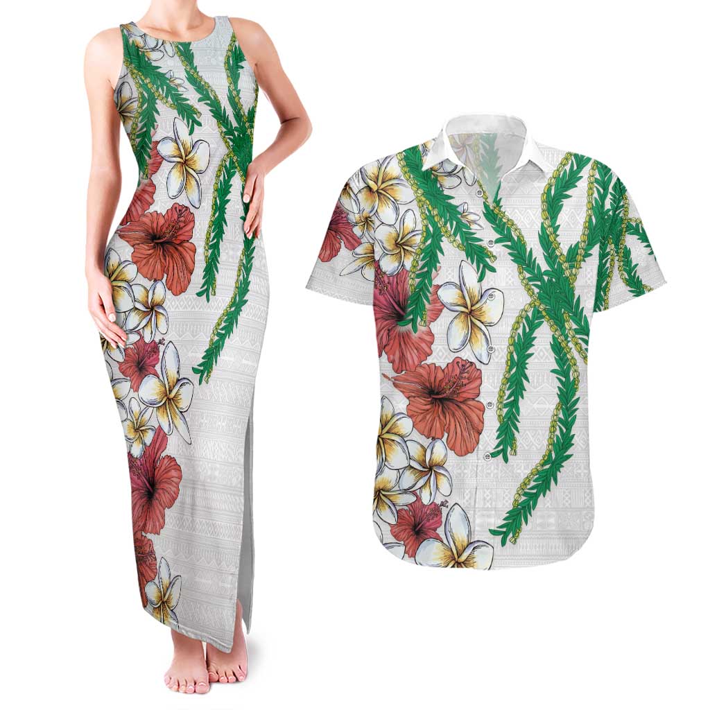 Hawaiian Tropical Flowers and Maile Pikake Couples Matching Tank Maxi Dress and Hawaiian Shirt Polynesian Tribal Pattern White Color