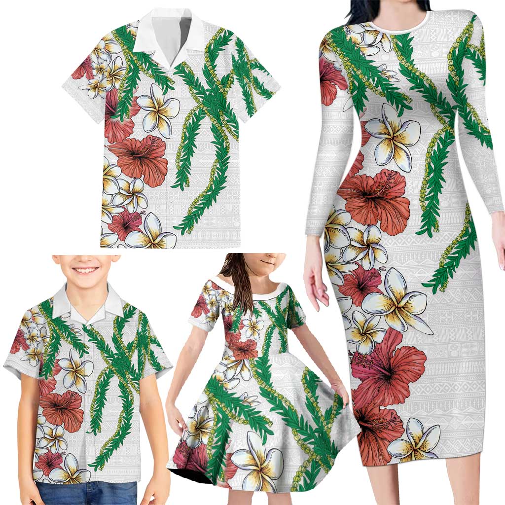 Hawaiian Tropical Flowers and Maile Pikake Family Matching Long Sleeve Bodycon Dress and Hawaiian Shirt Polynesian Tribal Pattern White Color