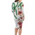 Hawaiian Tropical Flowers and Maile Pikake Family Matching Long Sleeve Bodycon Dress and Hawaiian Shirt Polynesian Tribal Pattern White Color