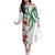 Hawaiian Tropical Flowers and Maile Pikake Family Matching Off The Shoulder Long Sleeve Dress and Hawaiian Shirt Polynesian Tribal Pattern White Color