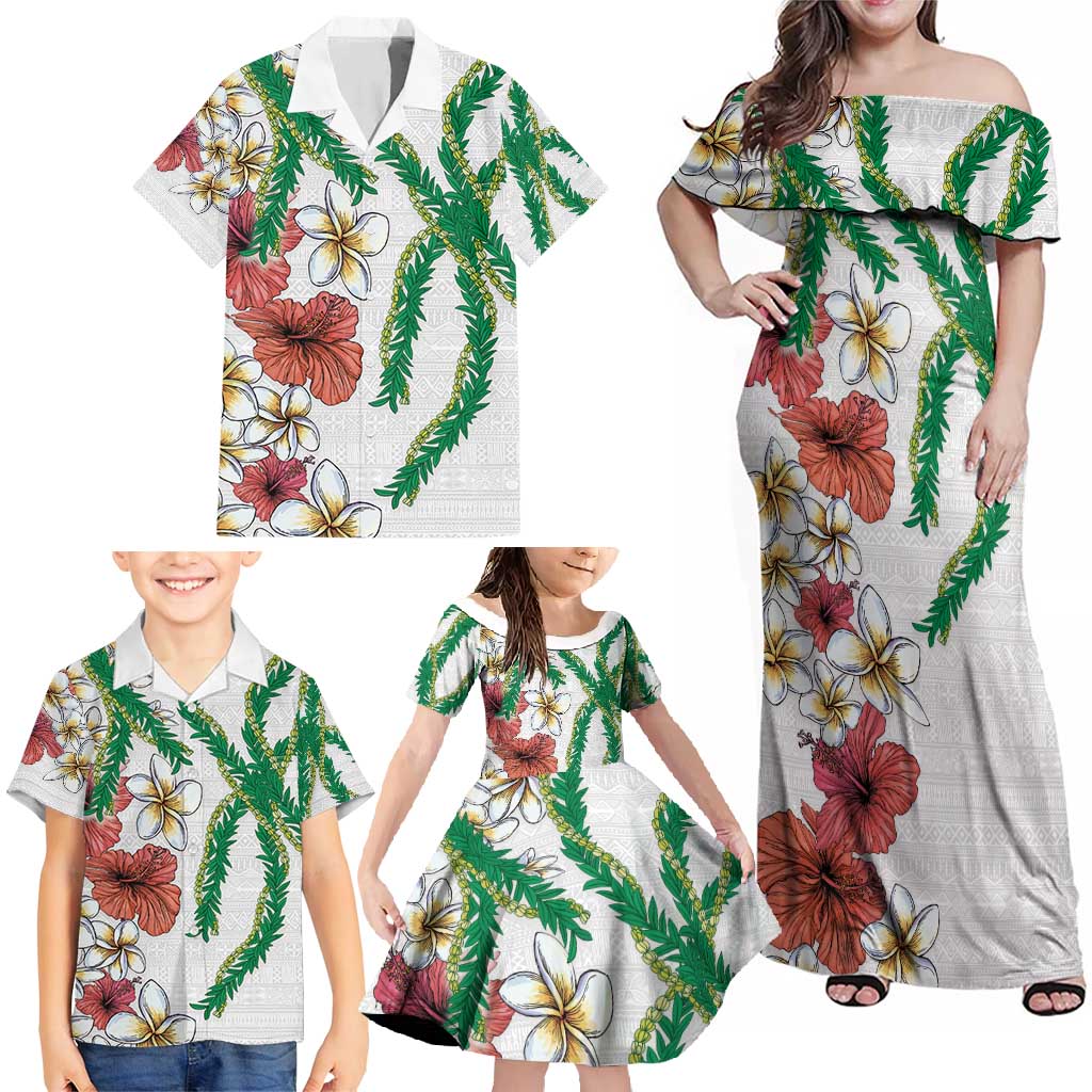 Hawaiian Tropical Flowers and Maile Pikake Family Matching Off Shoulder Maxi Dress and Hawaiian Shirt Polynesian Tribal Pattern White Color