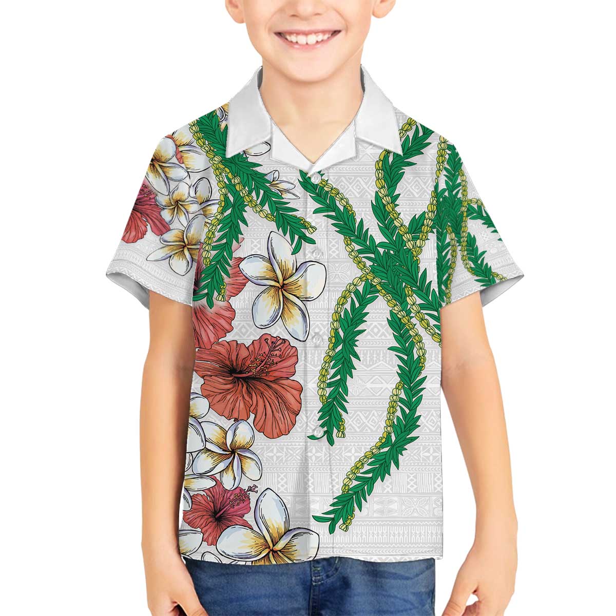 Hawaiian Tropical Flowers and Maile Pikake Family Matching Off Shoulder Short Dress and Hawaiian Shirt Polynesian Tribal Pattern White Color LT03 Son's Shirt White - Polynesian Pride