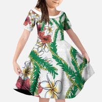 Hawaiian Tropical Flowers and Maile Pikake Family Matching Tank Maxi Dress and Hawaiian Shirt Polynesian Tribal Pattern White Color