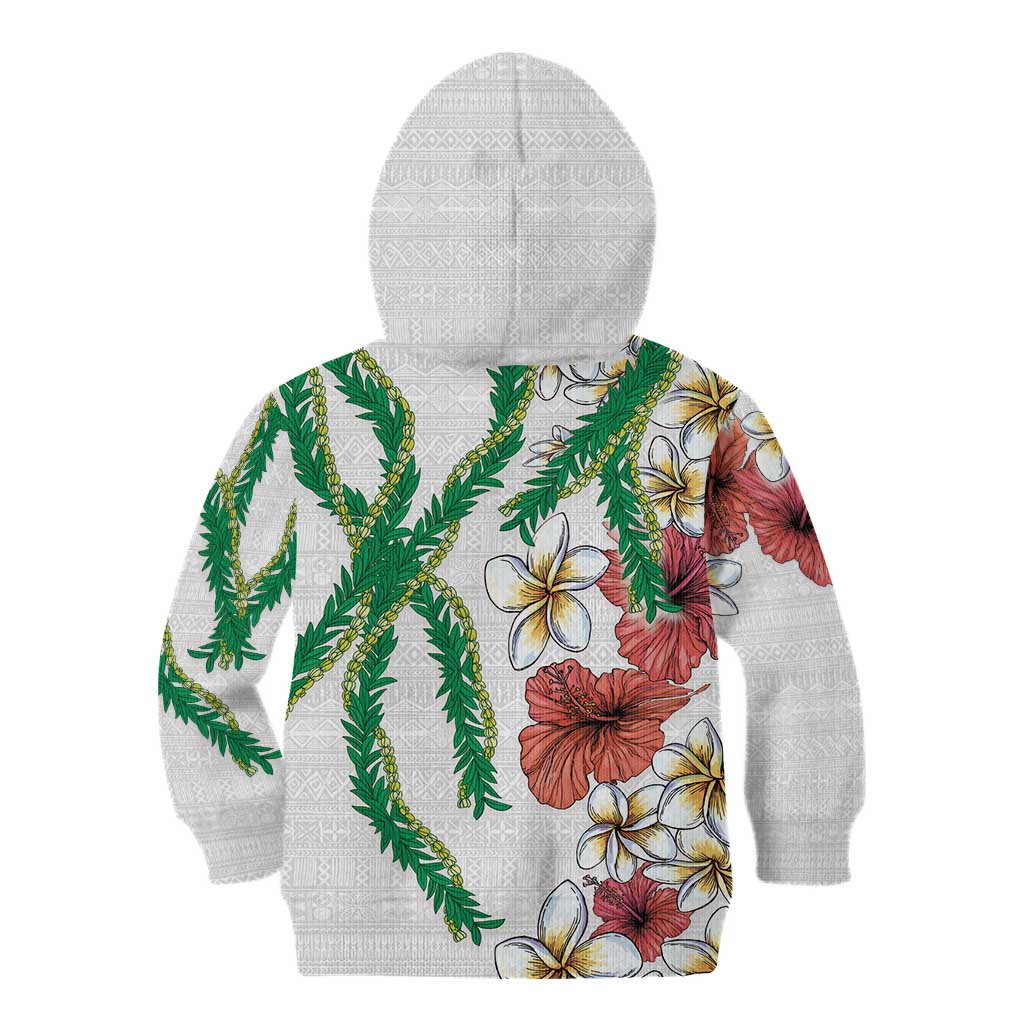 Hawaiian Tropical Flowers and Maile Pikake Kid Hoodie Polynesian Tribal Pattern White Color