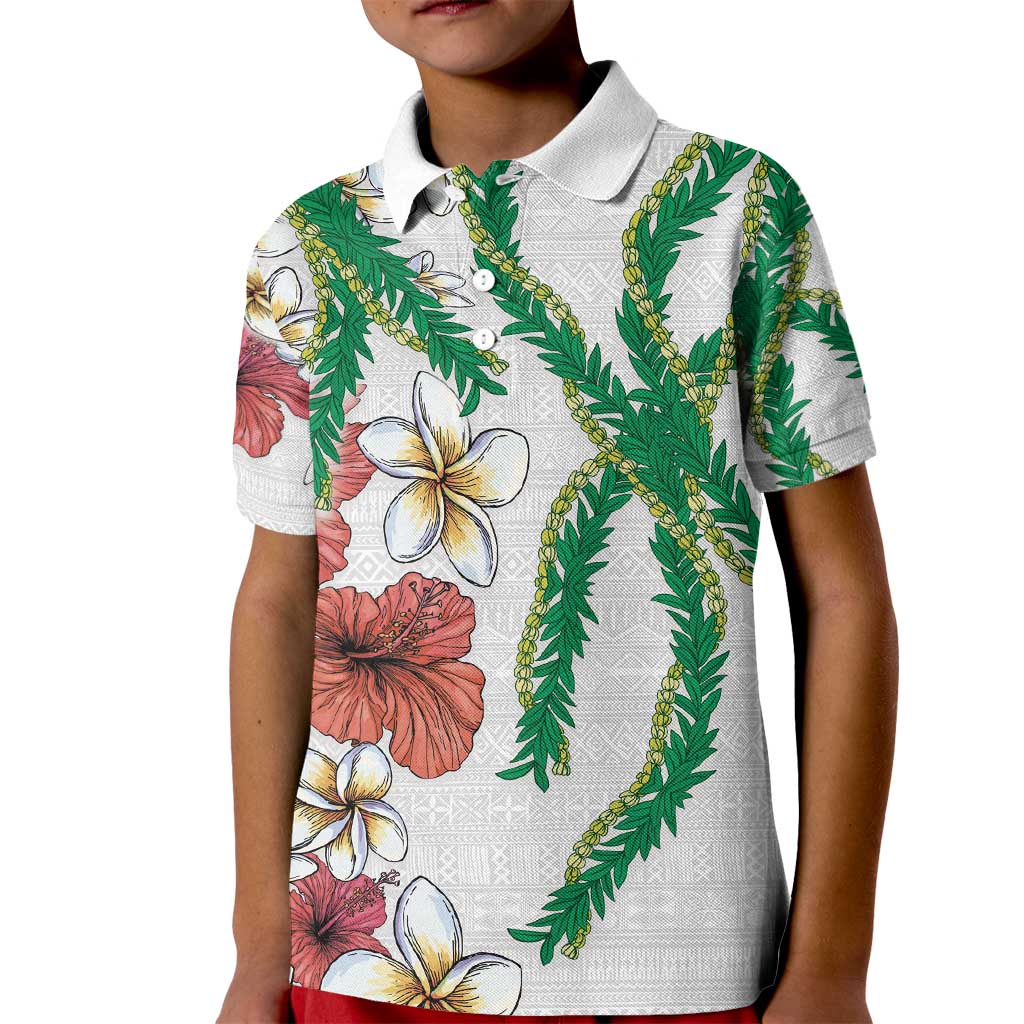 Hawaiian Tropical Flowers and Maile Pikake Kid Polo Shirt Polynesian Tribal Pattern White Color