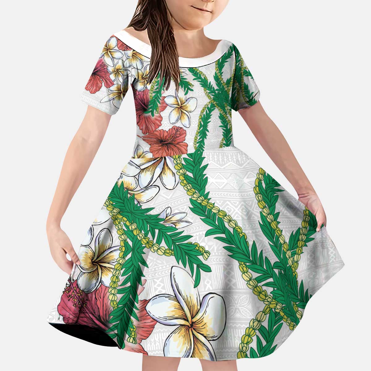 Hawaiian Tropical Flowers and Maile Pikake Kid Short Sleeve Dress Polynesian Tribal Pattern White Color