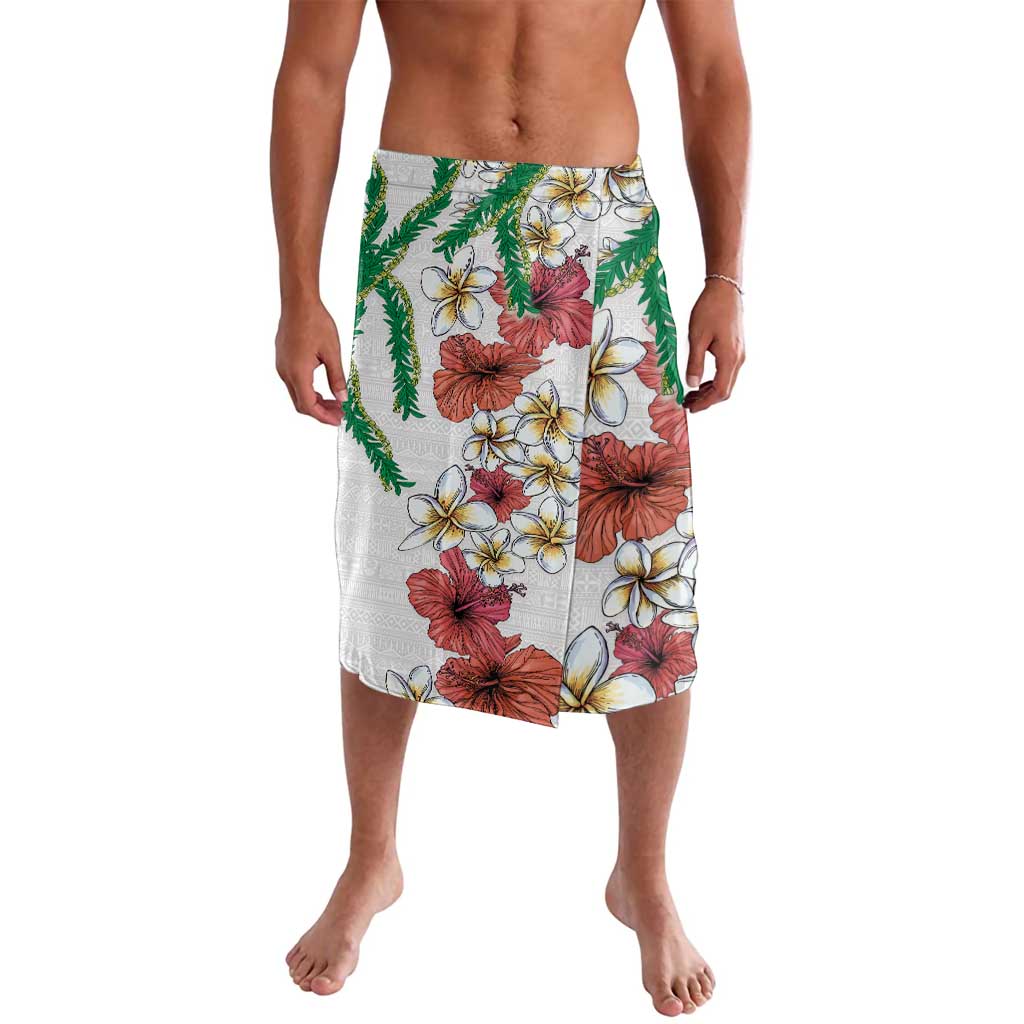 Hawaiian Tropical Flowers and Maile Pikake Lavalava Polynesian Tribal Pattern White Color