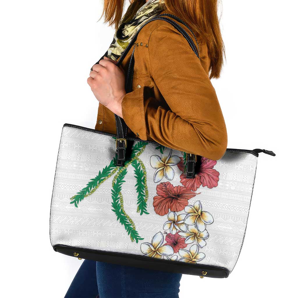 Hawaiian Tropical Flowers and Maile Pikake Leather Tote Bag Polynesian Tribal Pattern White Color LT03 White - Polynesian Pride