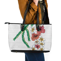 Hawaiian Tropical Flowers and Maile Pikake Leather Tote Bag Polynesian Tribal Pattern White Color LT03 - Polynesian Pride