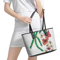 Hawaiian Tropical Flowers and Maile Pikake Leather Tote Bag Polynesian Tribal Pattern White Color LT03 - Polynesian Pride