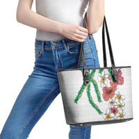 Hawaiian Tropical Flowers and Maile Pikake Leather Tote Bag Polynesian Tribal Pattern White Color LT03 - Polynesian Pride