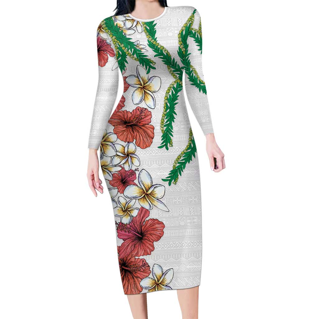 Hawaiian Tropical Flowers and Maile Pikake Long Sleeve Bodycon Dress Polynesian Tribal Pattern White Color