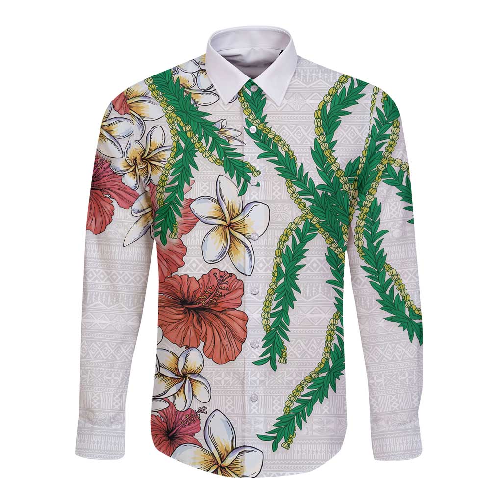 Hawaiian Tropical Flowers and Maile Pikake Long Sleeve Button Shirt Polynesian Tribal Pattern White Color