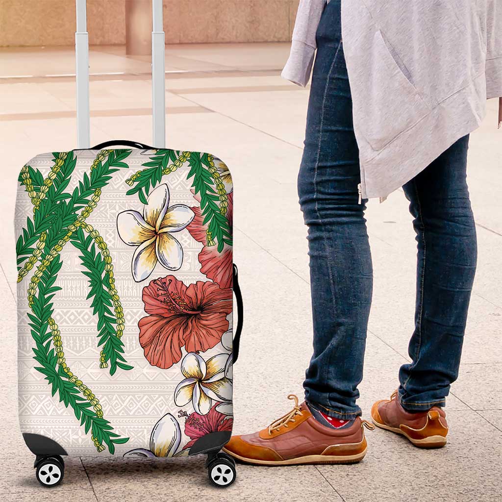 Hawaiian Tropical Flowers and Maile Pikake Luggage Cover Polynesian Tribal Pattern White Color