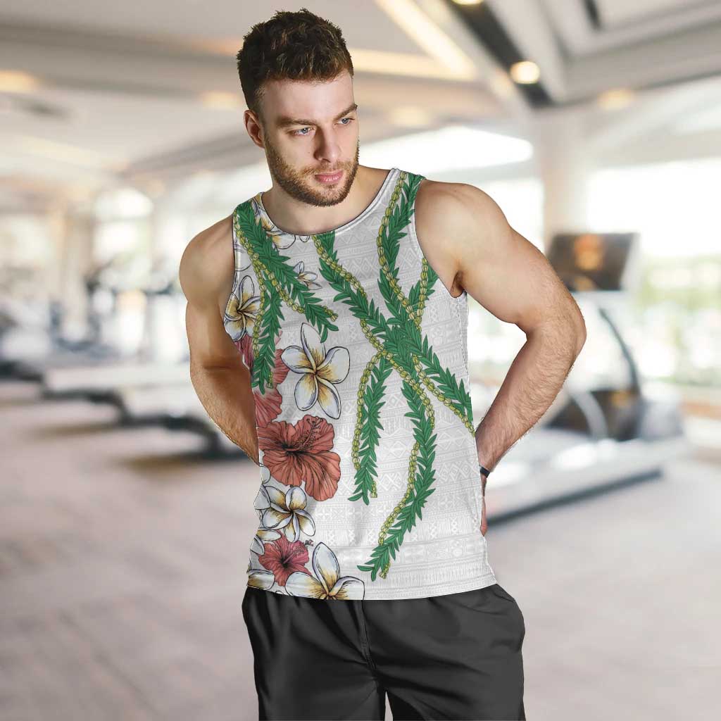 Hawaiian Tropical Flowers and Maile Pikake Men Tank Top Polynesian Tribal Pattern White Color LT03 White - Polynesian Pride