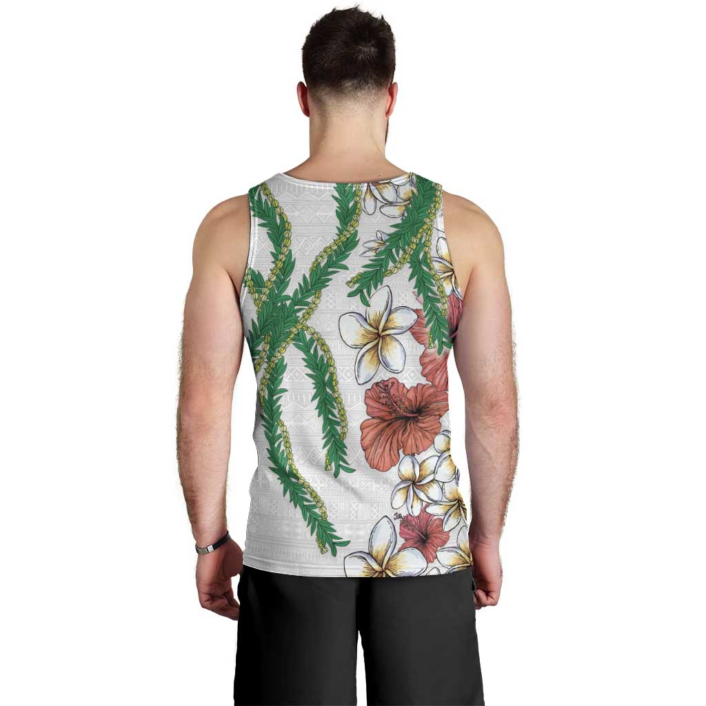 Hawaiian Tropical Flowers and Maile Pikake Men Tank Top Polynesian Tribal Pattern White Color LT03 - Polynesian Pride