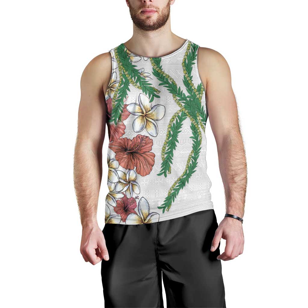 Hawaiian Tropical Flowers and Maile Pikake Men Tank Top Polynesian Tribal Pattern White Color LT03 - Polynesian Pride