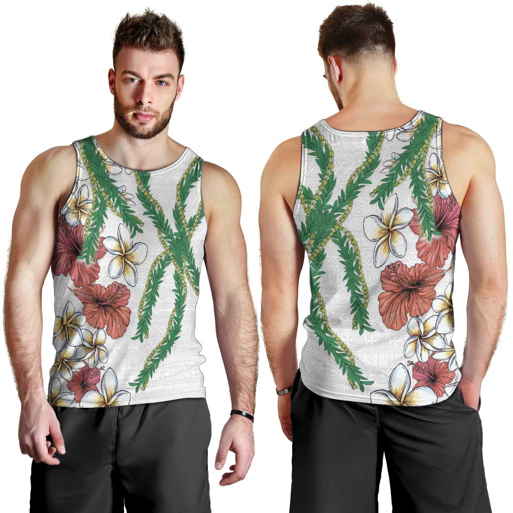 Hawaiian Tropical Flowers and Maile Pikake Men Tank Top Polynesian Tribal Pattern White Color LT03 - Polynesian Pride