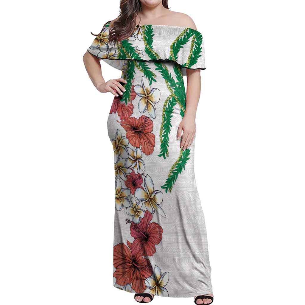 Hawaiian Tropical Flowers and Maile Pikake Off Shoulder Maxi Dress Polynesian Tribal Pattern White Color