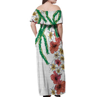 Hawaiian Tropical Flowers and Maile Pikake Off Shoulder Maxi Dress Polynesian Tribal Pattern White Color LT03 - Polynesian Pride