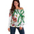 Hawaiian Tropical Flowers and Maile Pikake Off Shoulder Sweater Polynesian Tribal Pattern White Color