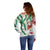 Hawaiian Tropical Flowers and Maile Pikake Off Shoulder Sweater Polynesian Tribal Pattern White Color