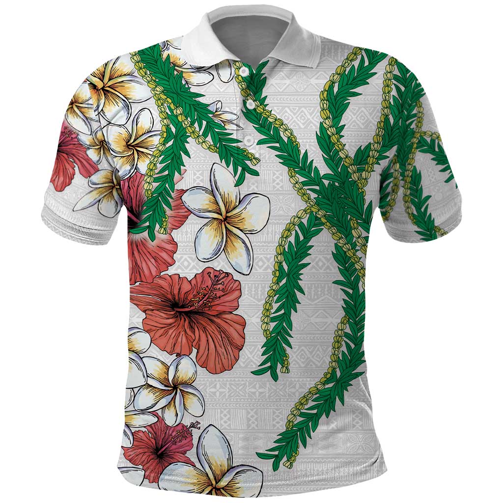 Hawaiian Tropical Flowers and Maile Pikake Polo Shirt Polynesian Tribal Pattern White Color