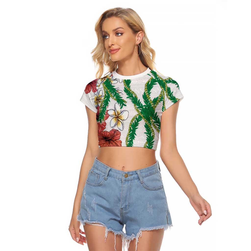 Hawaiian Tropical Flowers and Maile Pikake Raglan Cropped T Shirt Polynesian Tribal Pattern White Color LT03 Female White - Polynesian Pride