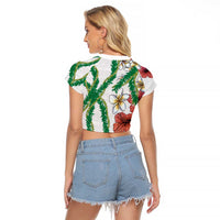 Hawaiian Tropical Flowers and Maile Pikake Raglan Cropped T Shirt Polynesian Tribal Pattern White Color LT03 - Polynesian Pride