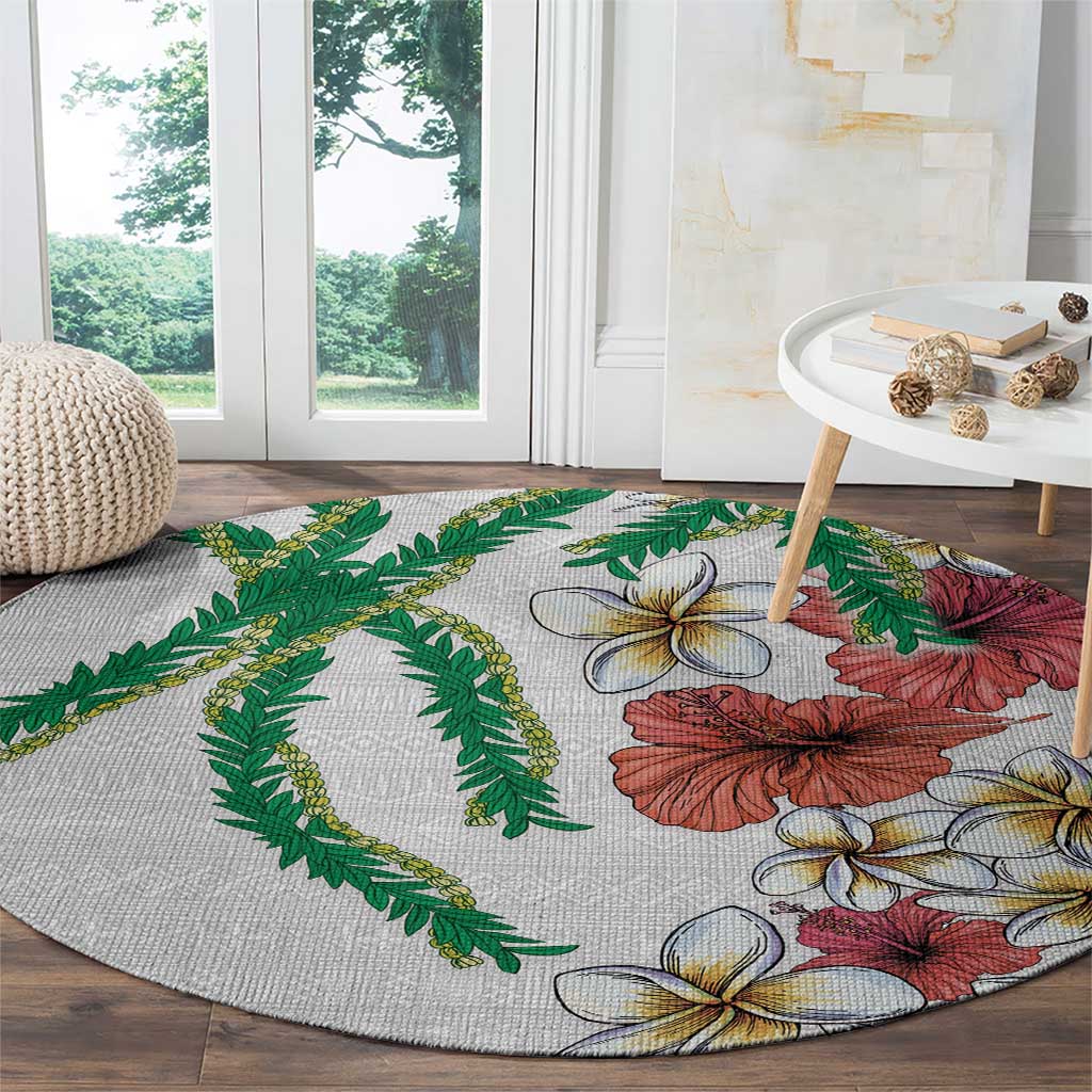 Hawaiian Tropical Flowers and Maile Pikake Round Carpet Polynesian Tribal Pattern White Color