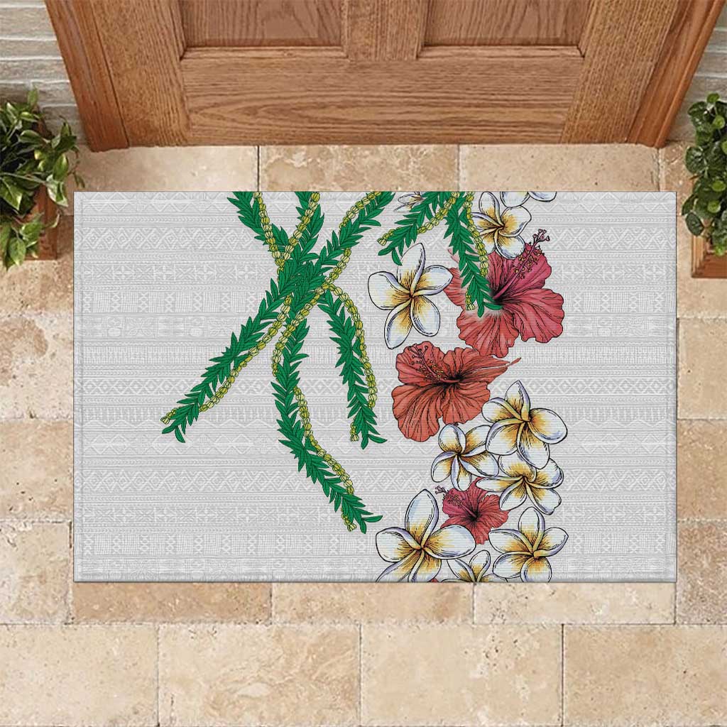 Hawaiian Tropical Flowers and Maile Pikake Rubber Doormat Polynesian Tribal Pattern White Color LT03 White - Polynesian Pride