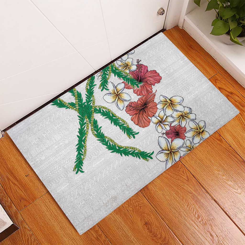 Hawaiian Tropical Flowers and Maile Pikake Rubber Doormat Polynesian Tribal Pattern White Color LT03 - Polynesian Pride