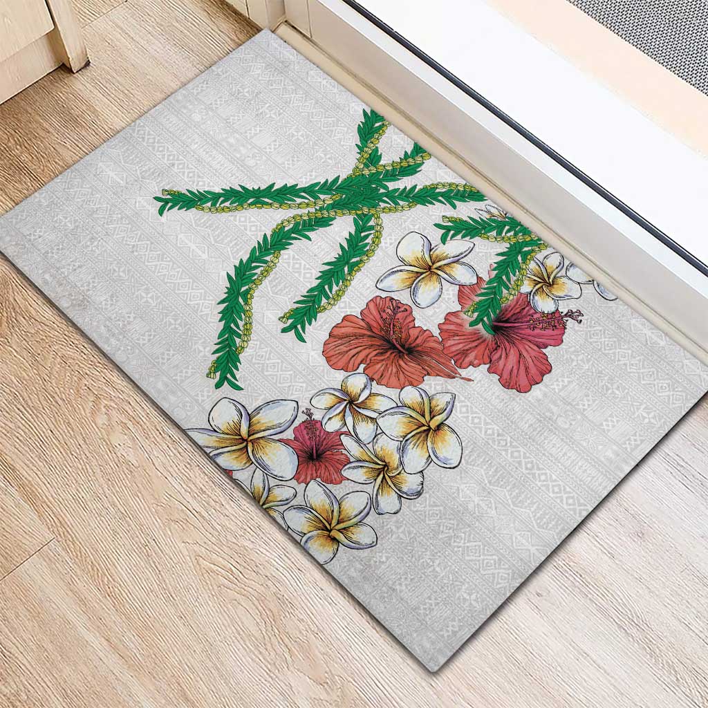 Hawaiian Tropical Flowers and Maile Pikake Rubber Doormat Polynesian Tribal Pattern White Color LT03 - Polynesian Pride