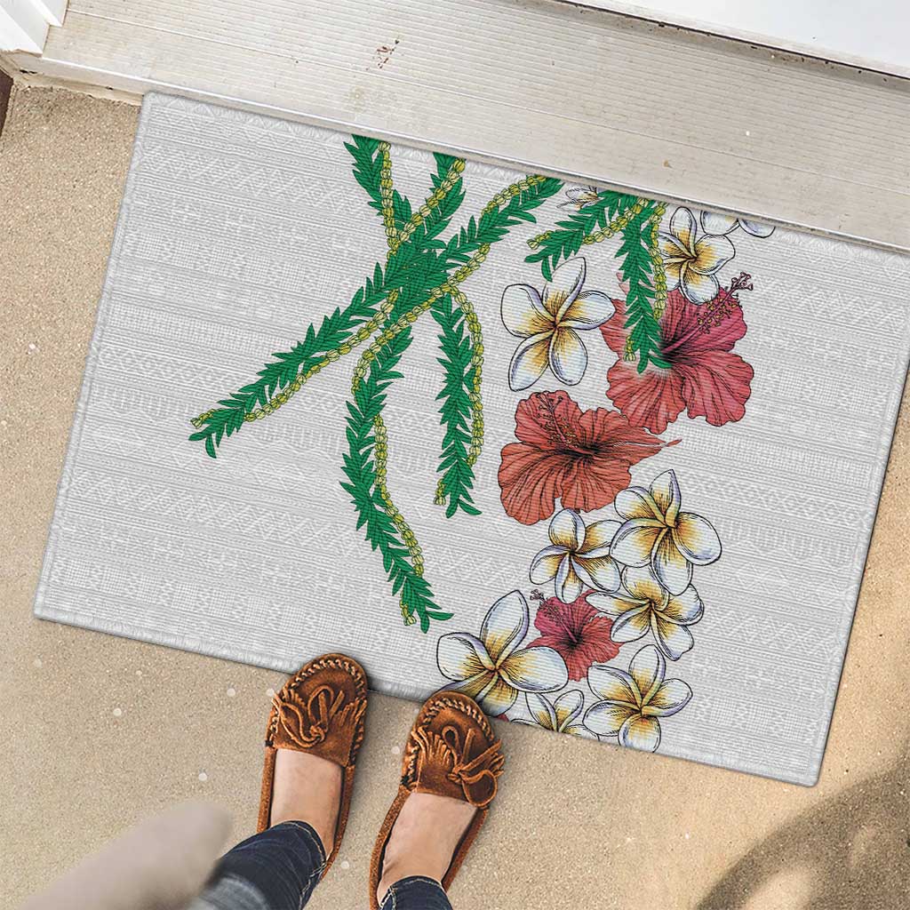 Hawaiian Tropical Flowers and Maile Pikake Rubber Doormat Polynesian Tribal Pattern White Color LT03 - Polynesian Pride