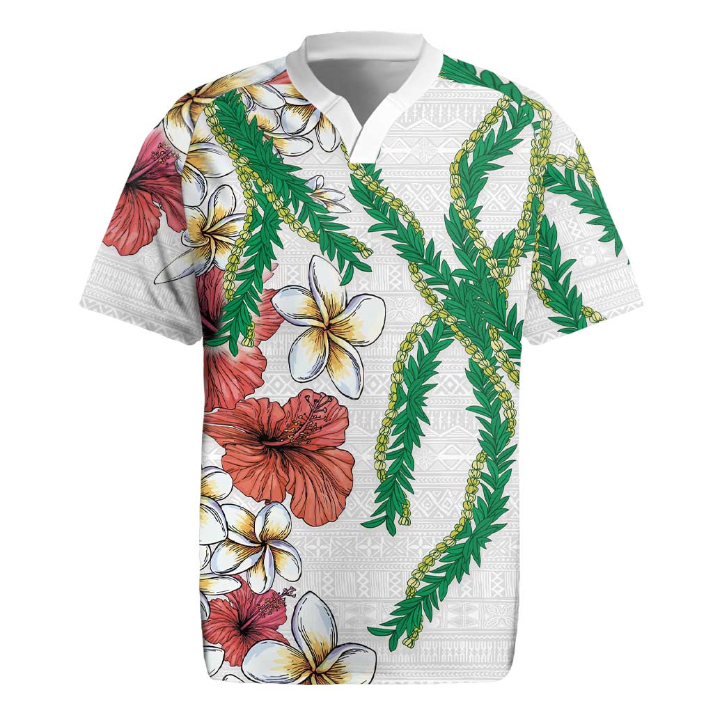 Hawaiian Tropical Flowers and Maile Pikake Rugby Jersey Polynesian Tribal Pattern White Color