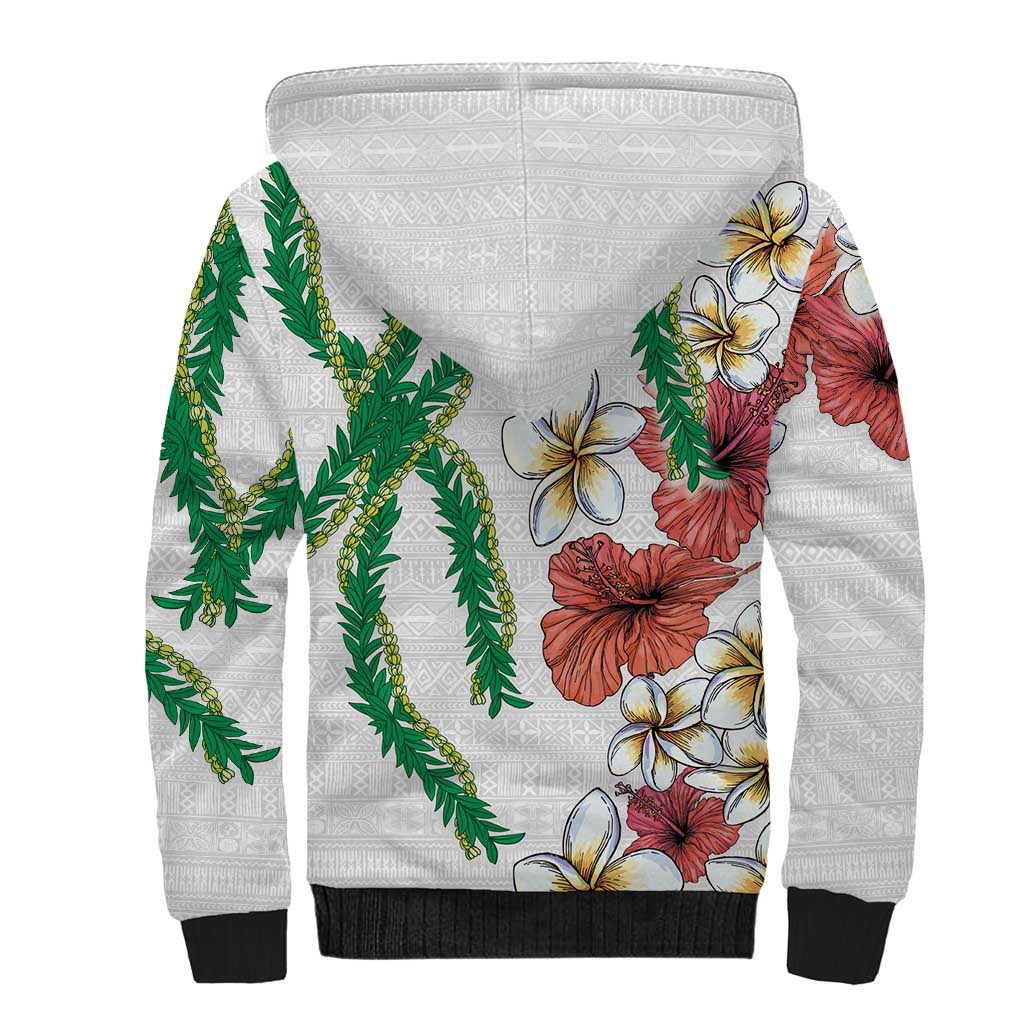 Hawaiian Tropical Flowers and Maile Pikake Sherpa Hoodie Polynesian Tribal Pattern White Color LT03 - Polynesian Pride