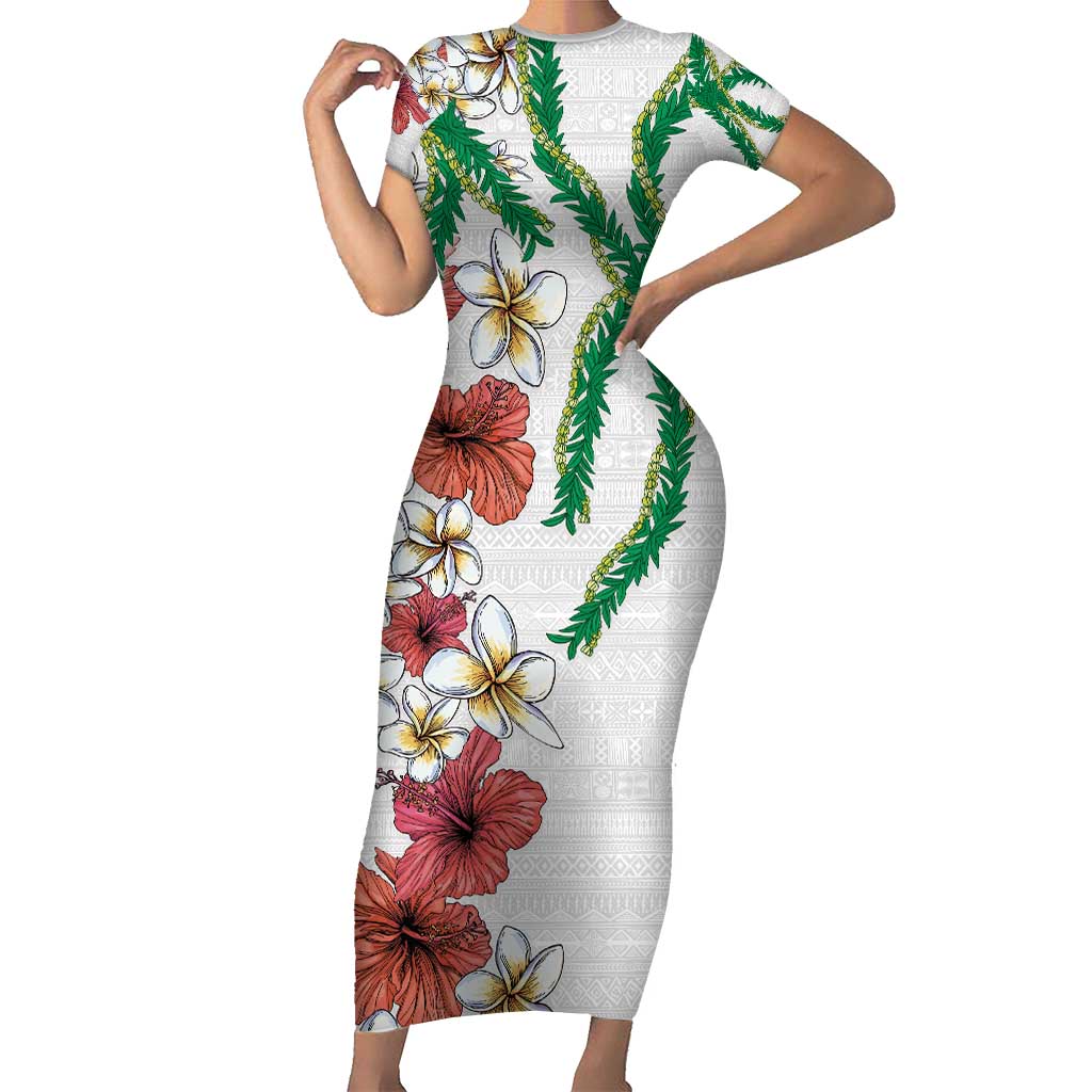 Hawaiian Tropical Flowers and Maile Pikake Short Sleeve Bodycon Dress Polynesian Tribal Pattern White Color