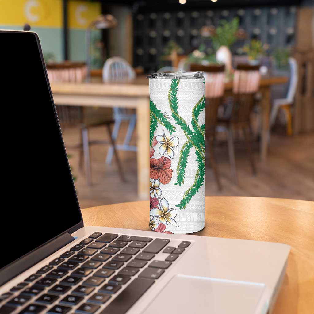 Hawaiian Tropical Flowers and Maile Pikake Skinny Tumbler Polynesian Tribal Pattern White Color