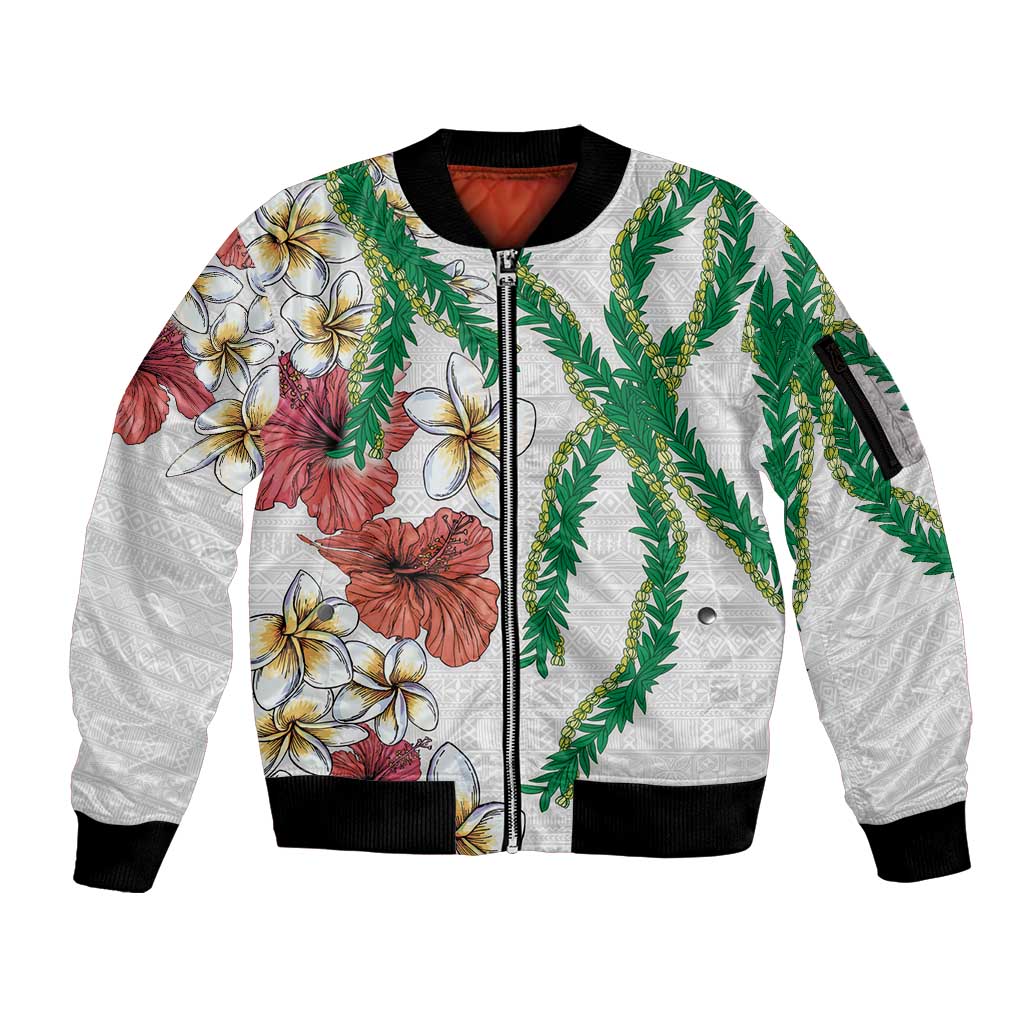 Hawaiian Tropical Flowers and Maile Pikake Sleeve Zip Bomber Jacket Polynesian Tribal Pattern White Color