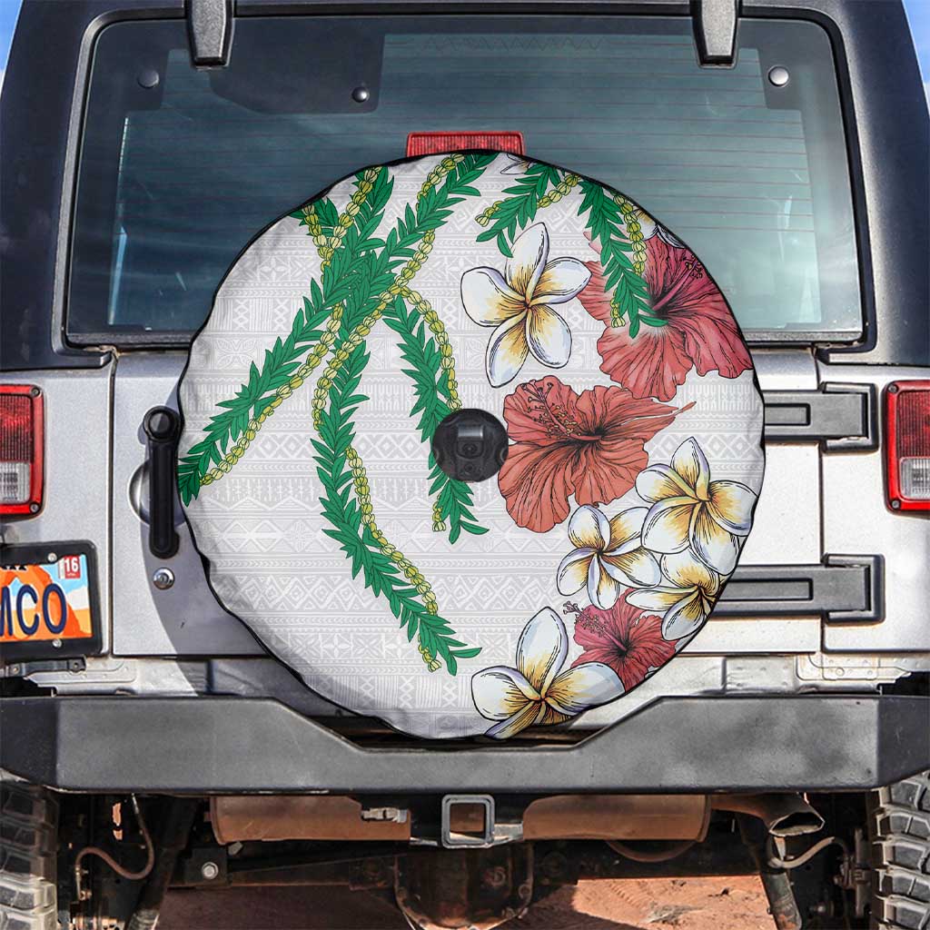 Hawaiian Tropical Flowers and Maile Pikake Spare Tire Cover Polynesian Tribal Pattern White Color