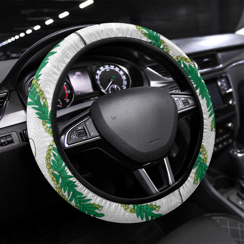 Hawaiian Tropical Flowers and Maile Pikake Steering Wheel Cover Polynesian Tribal Pattern White Color LT03 Universal Fit White - Polynesian Pride