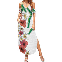 Hawaiian Tropical Flowers and Maile Pikake Summer Maxi Dress Polynesian Tribal Pattern White Color LT03 Women White - Polynesian Pride