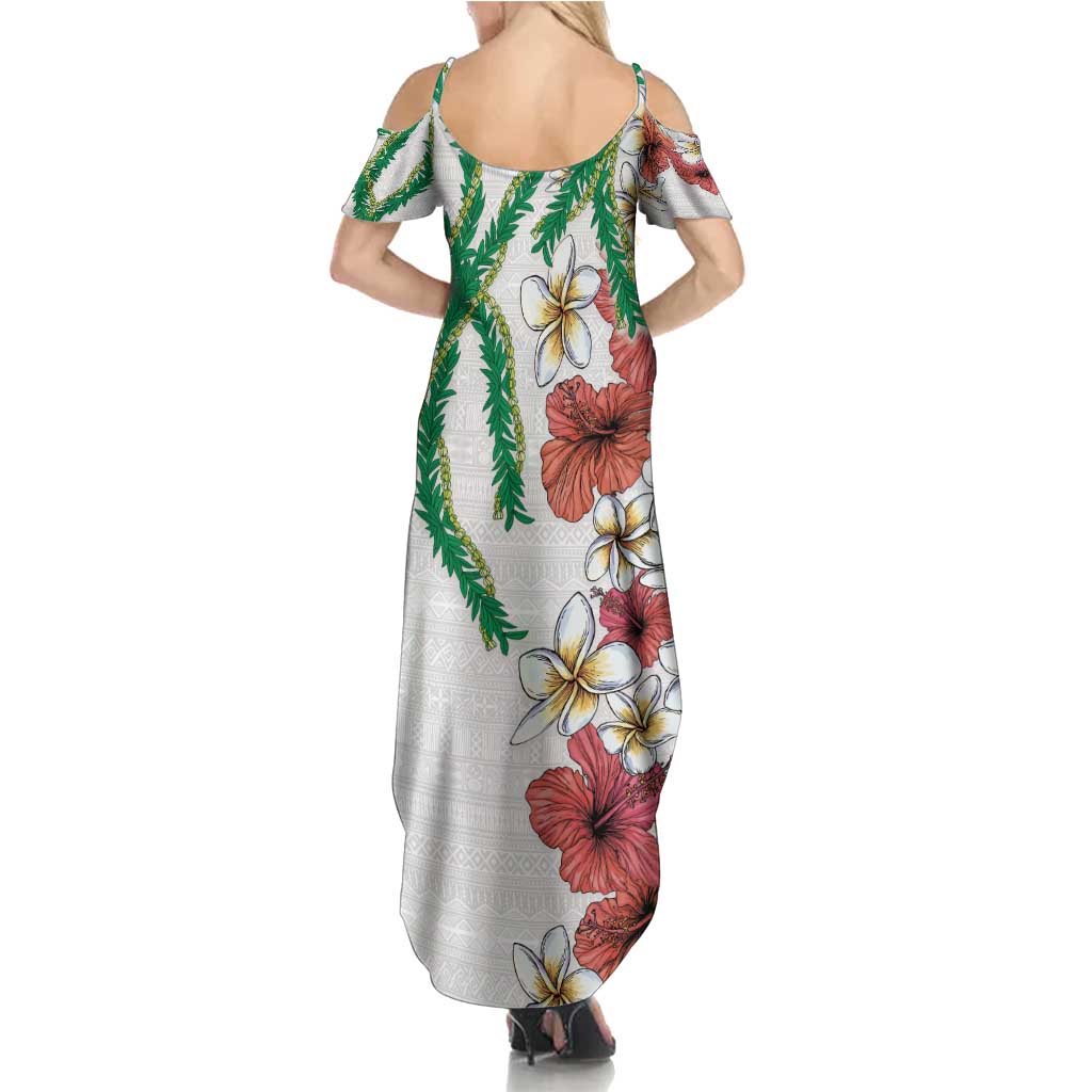 Hawaiian Tropical Flowers and Maile Pikake Summer Maxi Dress Polynesian Tribal Pattern White Color LT03 - Polynesian Pride