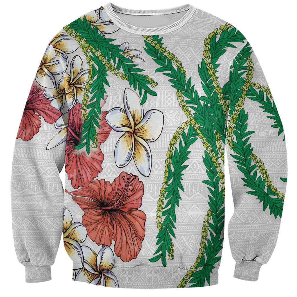 Hawaiian Tropical Flowers and Maile Pikake Sweatshirt Polynesian Tribal Pattern White Color