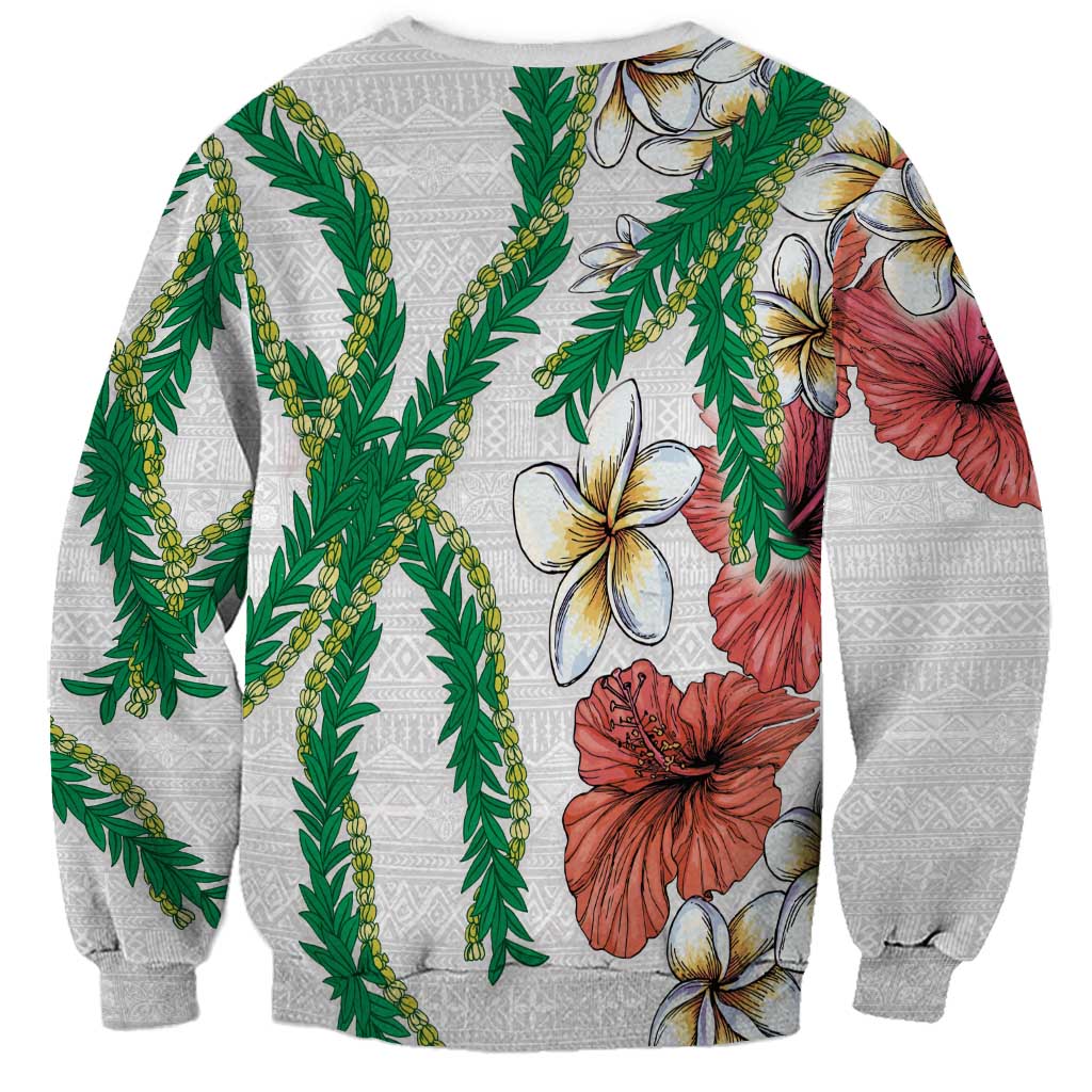Hawaiian Tropical Flowers and Maile Pikake Sweatshirt Polynesian Tribal Pattern White Color LT03 - Polynesian Pride